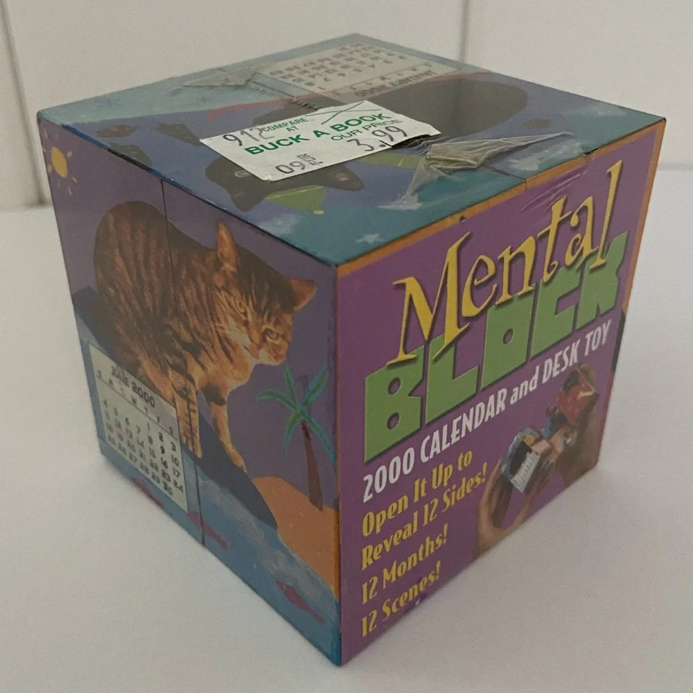 Y2K Vintage cat cube Mental Block 2000 Calendar and Desk Toy CAT scene art